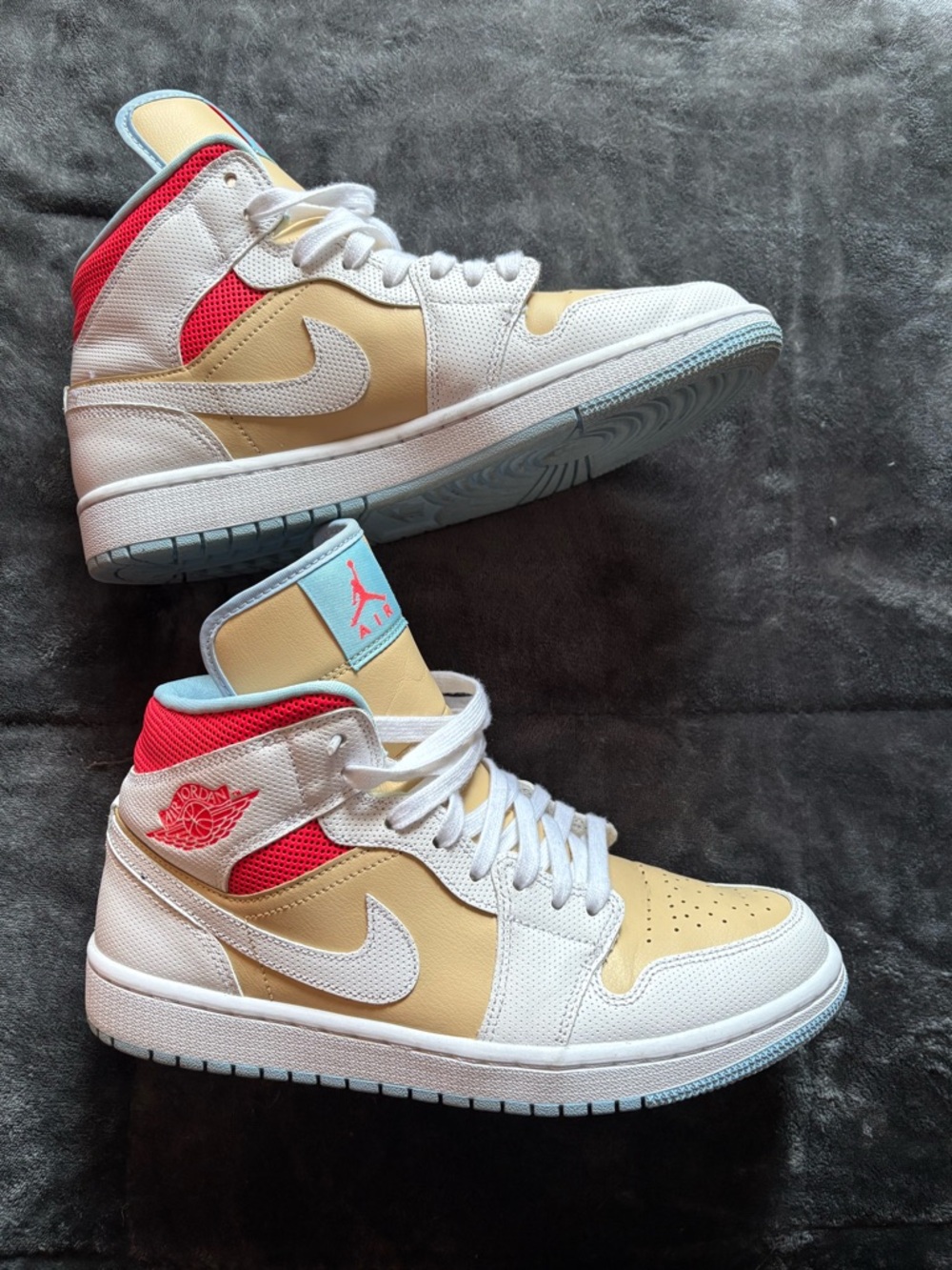 Jordan Mid-Top Sneakers in White, Tan & Red with Light Blue Accents